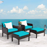 Tangkula Wicker Furniture Set 5 Pieces PE Wicker Rattan Outdoor All Weather Cushioned Sofas and Ottoman Set Lawn Pool Balcony Conversation Set Chat Set (Turquoise) Tangkula