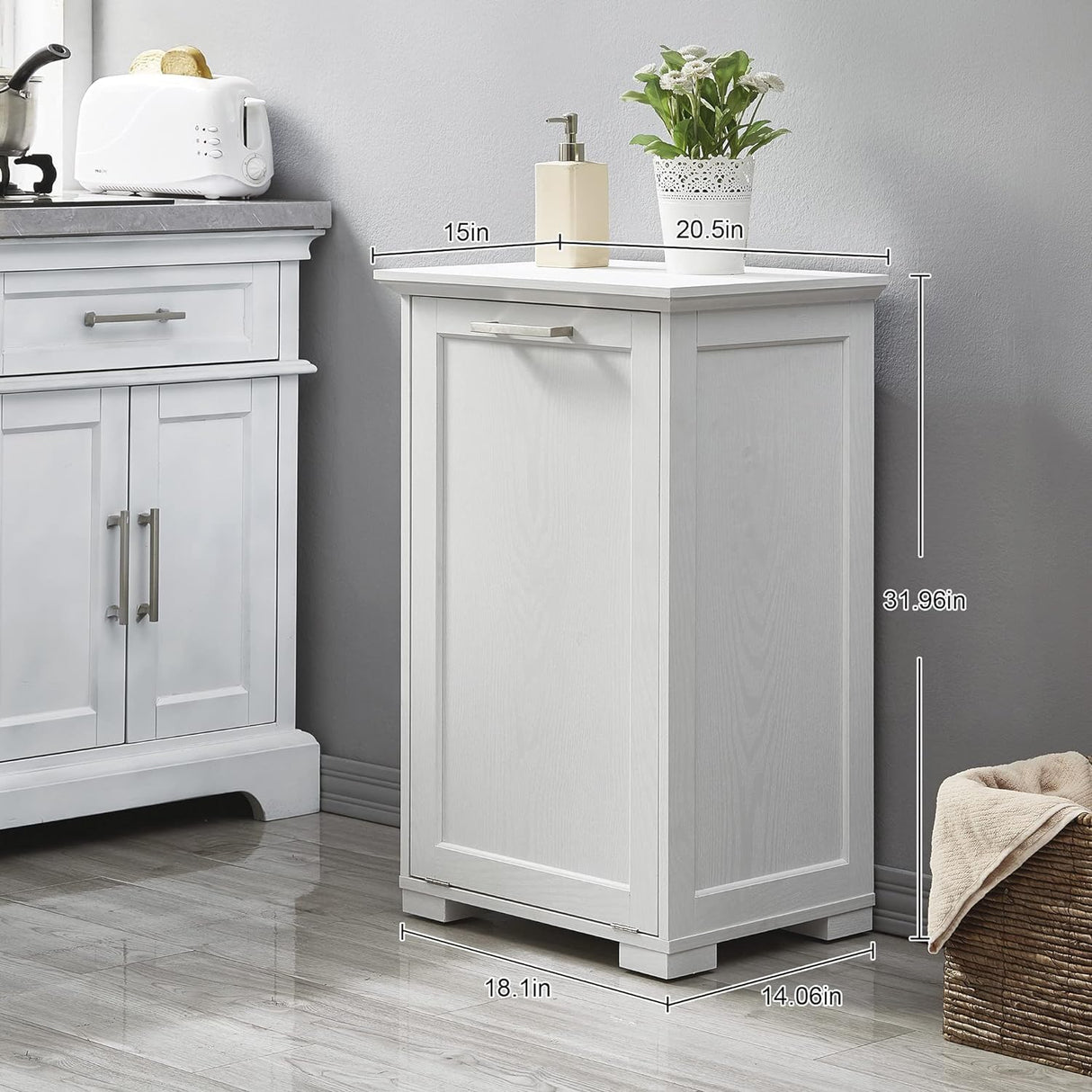 Smhxo Tilt Out Trash Cabinet, Wooden Kitchen Trash Can Cabinet with Deodorising Function, 10 Gallons Hidden Laundry Sorter Cabinet, White Smhxo