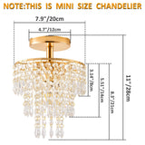 Modern Mini Crystal Chandelier, 3-Tier Raindrops Design Small Chandelier Light Fixture, Flush Mount Ceiling Light Fixture for Bedroom, Hallway, Living Room - E26 Base, Chandelier for Bedroom (Gold) Cyaruy