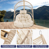 Swing Egg Chair with Stand Foldable Hanging Egg Chair Indoor Outdoor Wicker Rattan Basket with UV Resistant Cushions for Bedroom Balcony Backyard 350lbs Capacity (Beige) WoodArtSupply