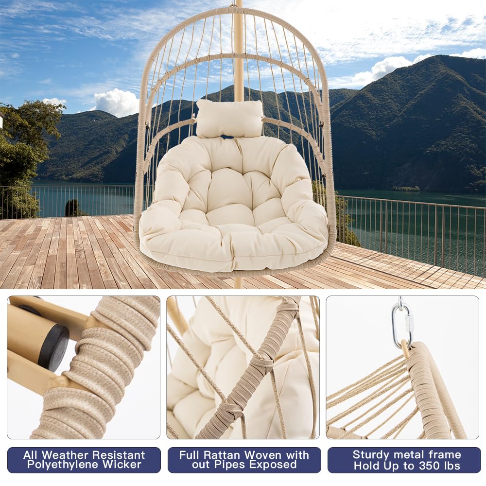 Swing Egg Chair with Stand Foldable Hanging Egg Chair Indoor Outdoor Wicker Rattan Basket with UV Resistant Cushions for Bedroom Balcony Backyard 350lbs Capacity (Beige) - WoodArtSupply