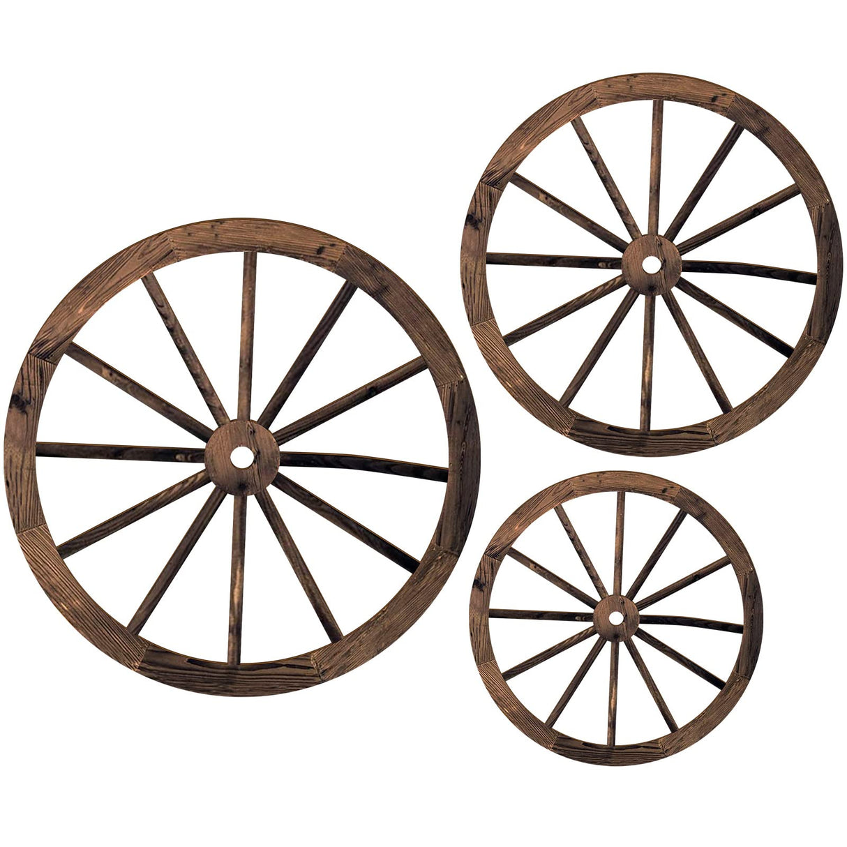 Qunclay 3 Pcs Wooden Wagon Wheel Decor 12/10/8 Inch Old Western Western Wall Decor Farmhouse Wagon Wheels Rustic Yard Wall Art Decor Hanging Decorative Wheels for Garden Home Bar Garage (Dark Brown) Qunclay