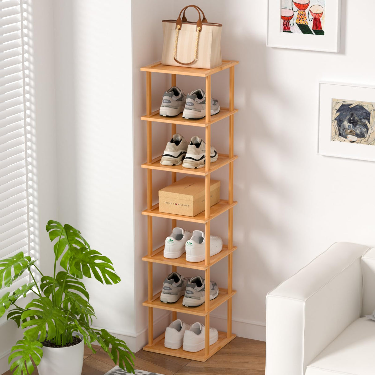 Bamboo Free Standing Shoe Rack Shelf Multi Tier Tall Wooden Stackable Shoes Rack Organizer for Closet Front Door Entrance Narrow Vertical Shoe Storage Rack for Corner Stand (Nature, 7 Tiers) MHXW SXPN