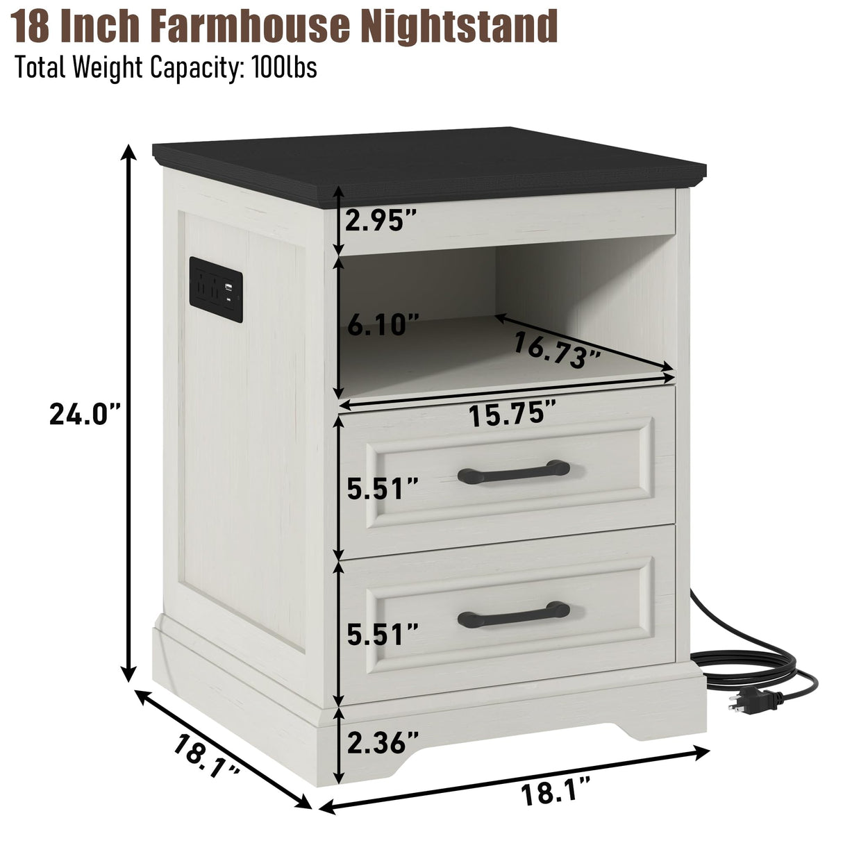 Gadroad 18" Farmhouse Accent Nightstand with Charging Station, End Table with 3 Drawers Storage, Side Table, Bedside Cabinet for LivingRoom Bedroom Office, Antique White Gadroad