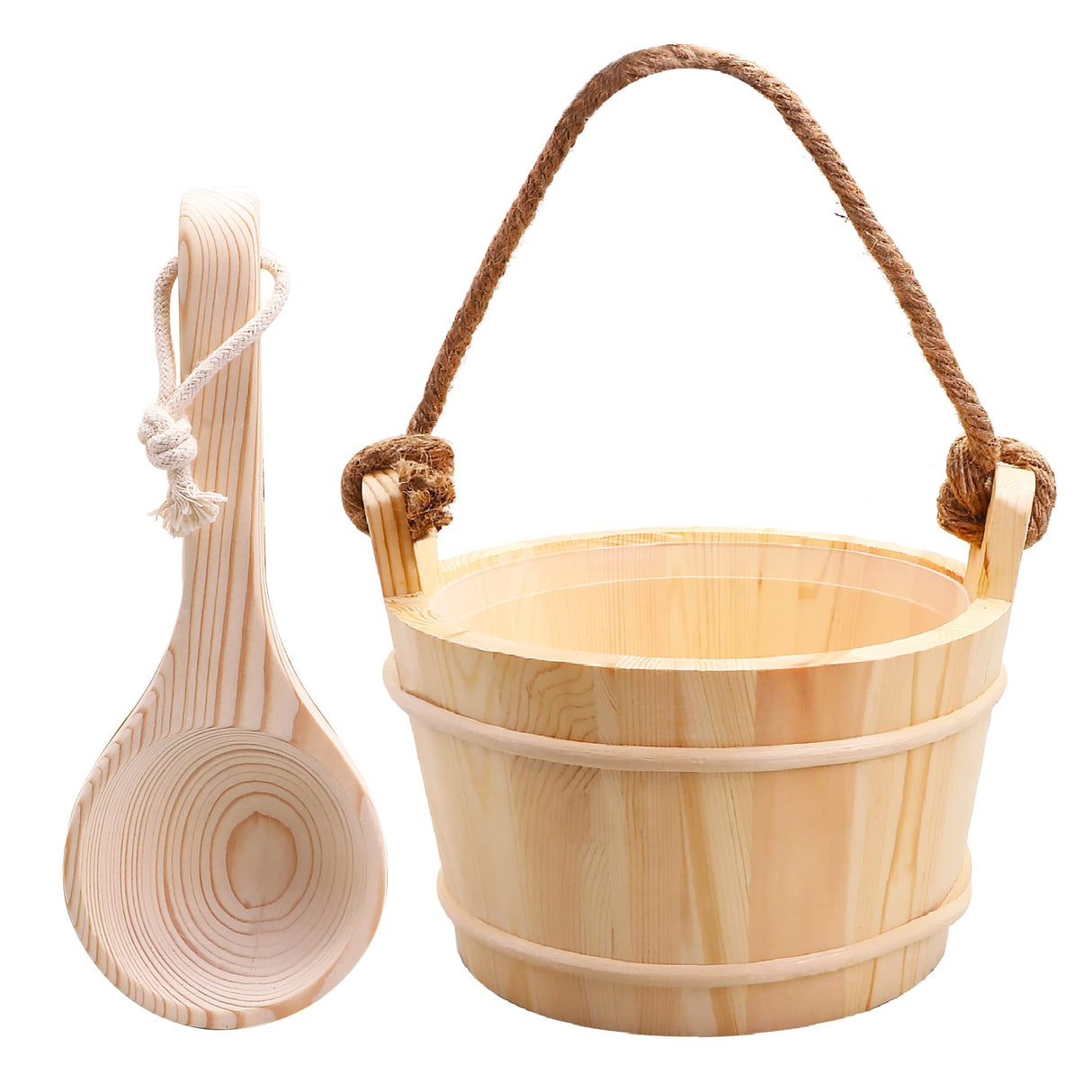 KAKUNM Sauna Bucket and Ladle 5 Liter (1.3 Gallon), Sauna Bucket, Finnish Pine Wooden Spa Accessories with Handmade Sauna Water Bucket, Plastic Liner and Rope Handle KAKUNM