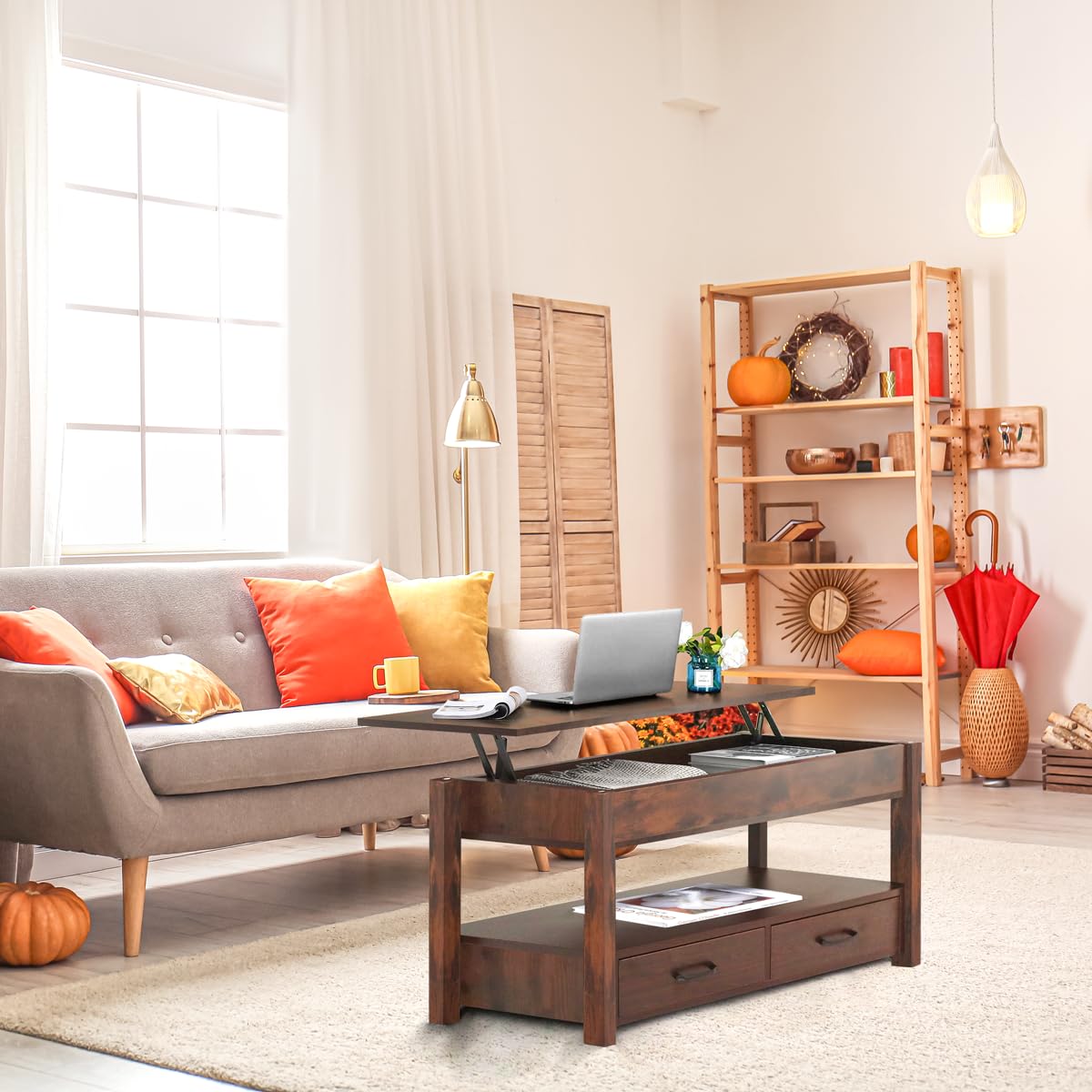 Lift Top Coffee Table with Hidden Compartment & 2 Storage Shelves - Living Room Dining Table with Rising Tabletop Lifttop Desk for Apartment, Home, Condo - Rustic Brown Lifetime Home