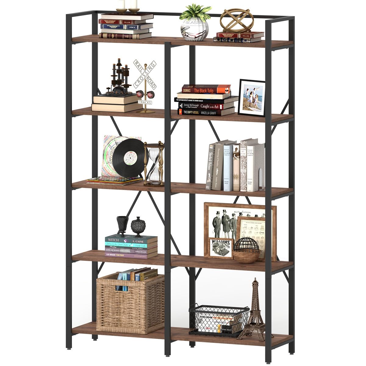 BON AUGURE Industrial Bookshelf, Bookcases and Bookshelves Etagere, Tall Large Farmhouse Book Shelves, 5 Tier Open Bookcase, Wood Metal Shelving Unit for Bedroom, Office (Rustic Oak) BON AUGURE