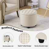 Furniliving Modern Round Storage Ottoman,Button Tufted Ottoman Foot Stools Ottoman Footstool with Removable Lid Storage Ottoman for Living Room, Bedroom, Makeup Room，Beige Furniliving