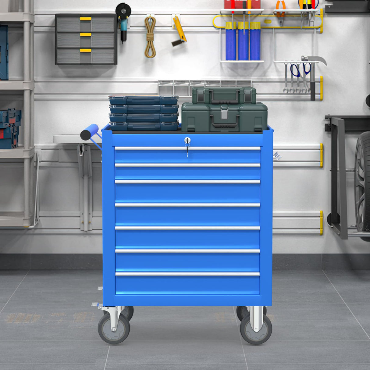 Cemostey 7 Drawers Tool Chest with Wheels, Metal Rolling Tool Box with Drawers, Large Capacity Tool Storage Cabinet with Keyed Locking, Tool Organizer Box for Garage, Workshop, Warehouse- Blue Cemostey