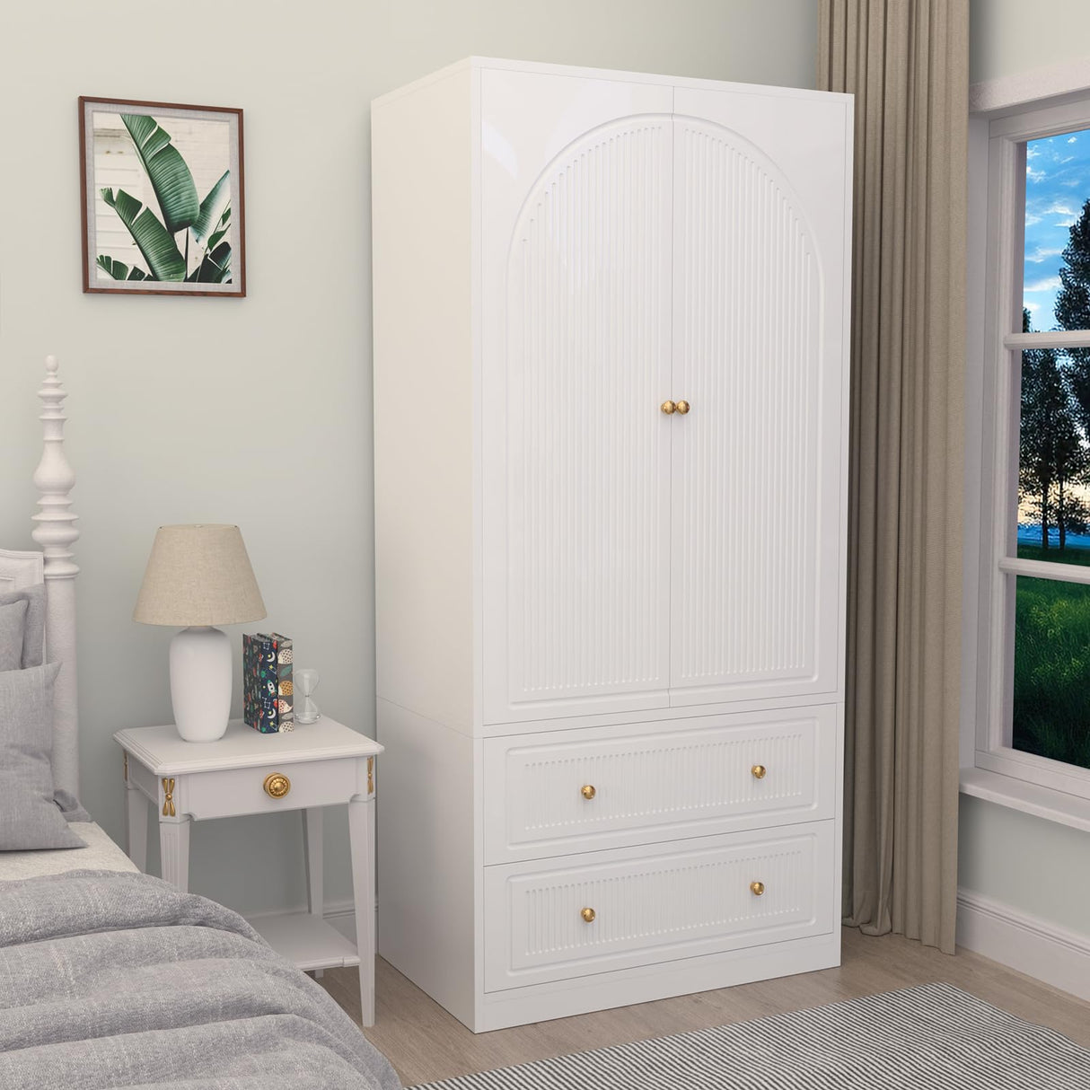 Wardrobe Closet with 2 Door & 2 Drawer, 71" White Bedroom Wooden Armoire with Hanging Rod, Freestanding Large Capacity Clothing Wardrobe Cabinet w/Gold Handles for Bedroom Buenhomino