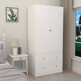 Wardrobe Closet with 2 Door & 2 Drawer, 71" White Bedroom Wooden Armoire with Hanging Rod, Freestanding Large Capacity Clothing Wardrobe Cabinet w/Gold Handles for Bedroom Buenhomino