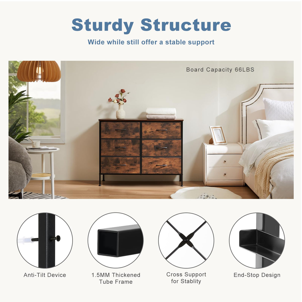 DUMOS TV Stand for Living Room Entertainment Center with 6 Fabric Drawers Dresser for Bedroom Storage Organizers Units, Brown DUMOS