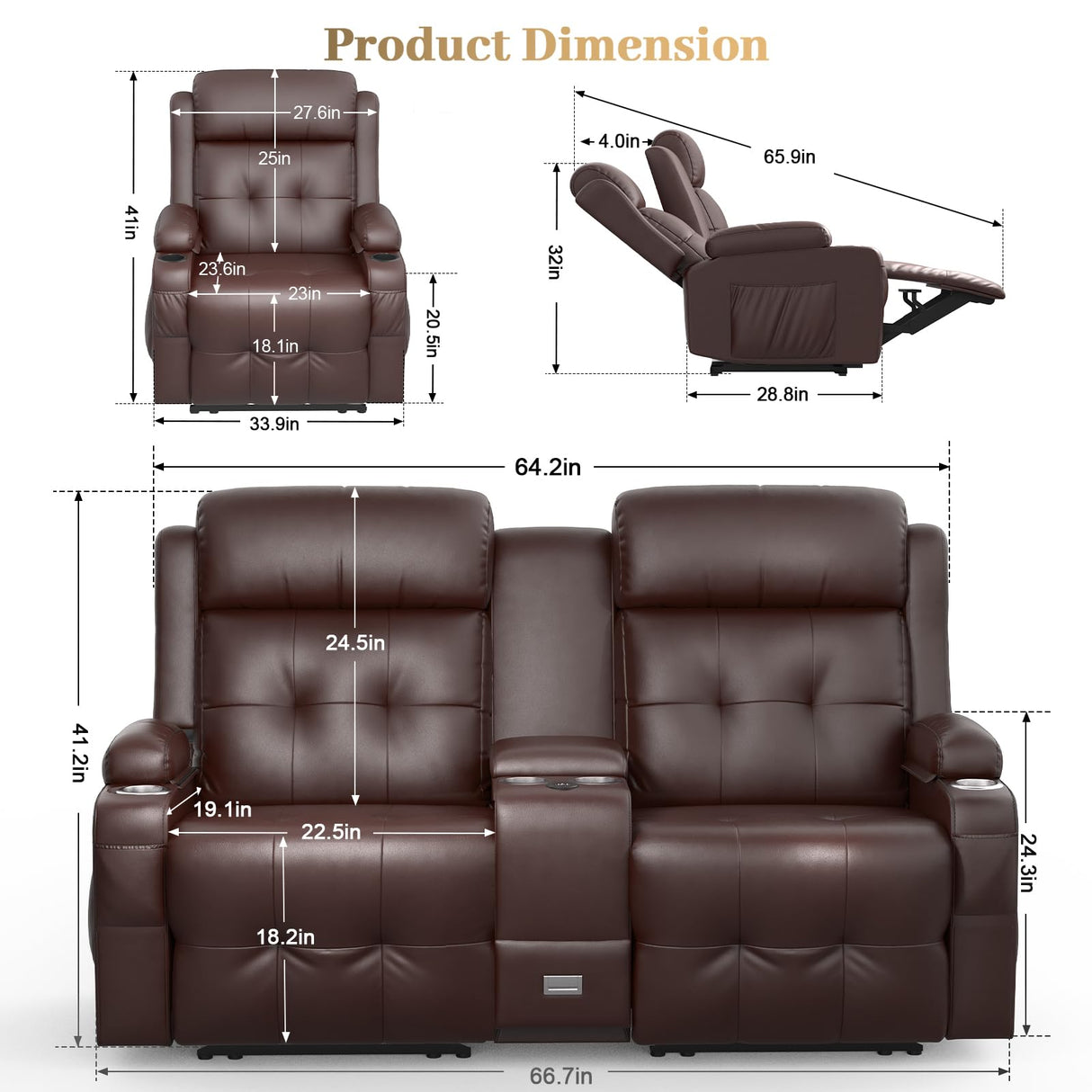 Recliner Sofa Sets, Massage Reclining Loveseat Sofa Heavy Weight Capacity, 1 Single Power Recliner Chairs Heat & Massage, RV Clearance Love Seat Couch with Console, USB, Type C Port for Living Room Aotolo