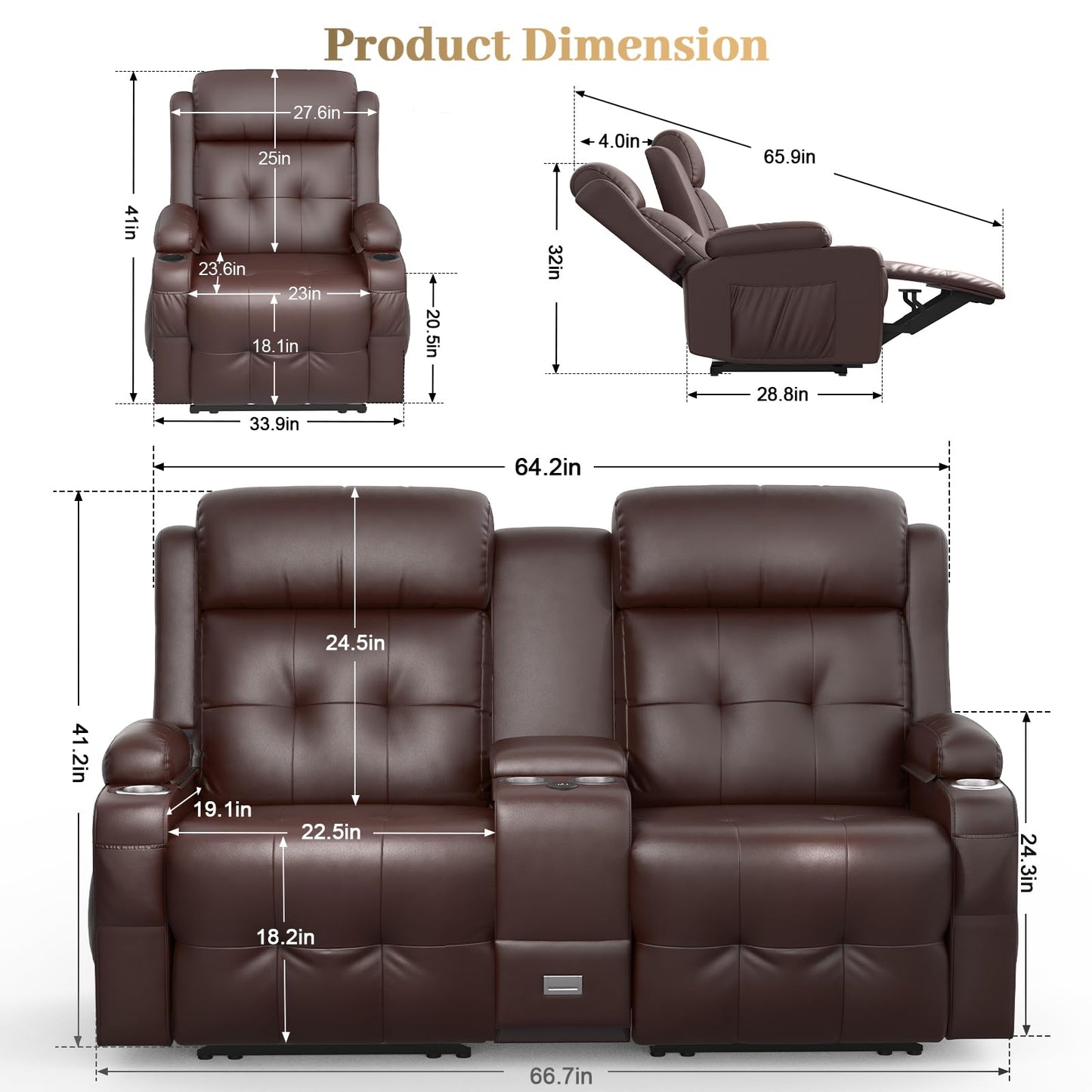 Recliner Sofa Sets, Massage Reclining Loveseat Sofa Heavy Weight Capacity, 1 Single Power Recliner Chairs Heat & Massage, RV Clearance Love Seat Couch with Console, USB, Type C Port for Living Room