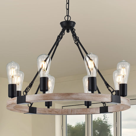 brfaixla 8 Lights Small Wood Wagon Wheel Chandelier Farmhouse 23.6'' Black&Cream Colored Rustic Chandelier Pendant for Dining Room, Industrial Vintage Round Wooden Chandeliers for Living Room Entryway brfaixla
