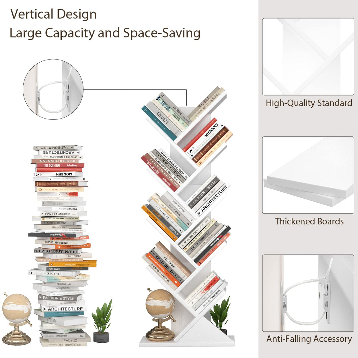 Topfurny Tree Bookshelf, 9-Tier Shelf Rustic Brown Bookcase, Retro Wood Storage Rack for CDs/Movies/Books, Anti-Fall Utility Organizer Shelves for Living Room, Bedroom, Home Office, White Topfurny