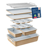 Bakken 8-Piece Stackable Bakeware Set – Ceramic Non-Stick, Oven-Safe Baking Sheets & Pans, PTFE/PFOA/PFOS-Free, Ergonomic Handles, Includes Cooling Rack – Healthy, Non-Toxic Baking Essentials BAKKENMASTER