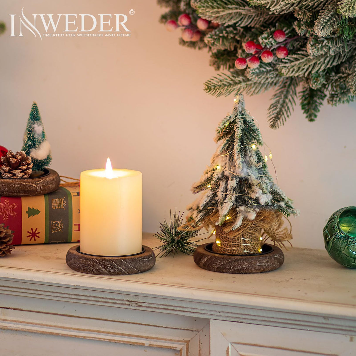 Wood Candle Holders Candle Plate: 2 Pcs Wooden Candle Plate for Pillar Candles Farmhouse Candle Tray Candle Holder Set Small Rustic Candle Holder Plate Stand Dish for Event Home Inweder