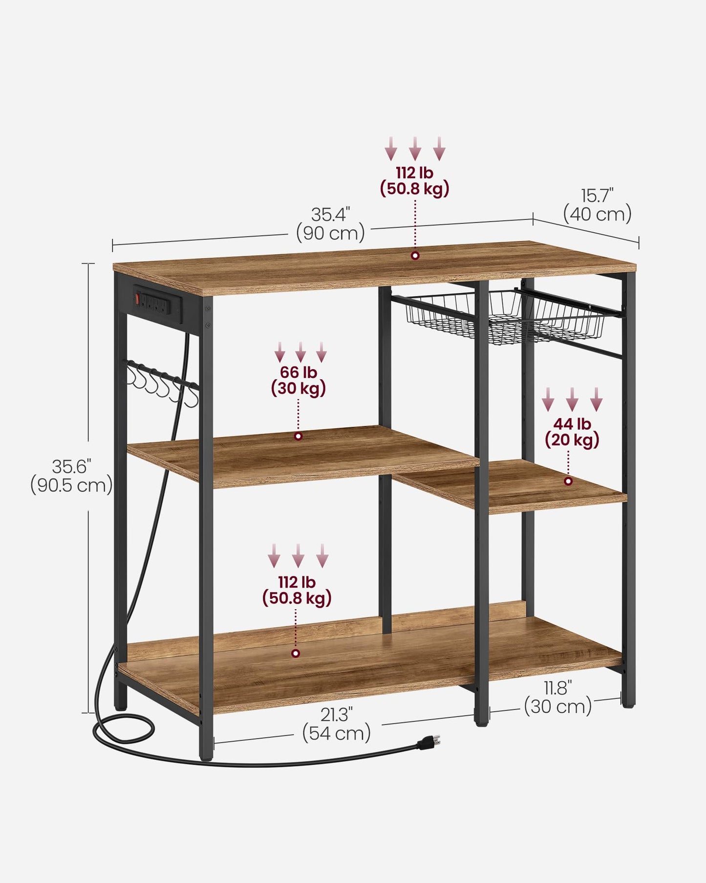 VASAGLE Rustic Walnut Baker's Rack with Integrated Charging Station and Storage Solutions - WoodArtSupply