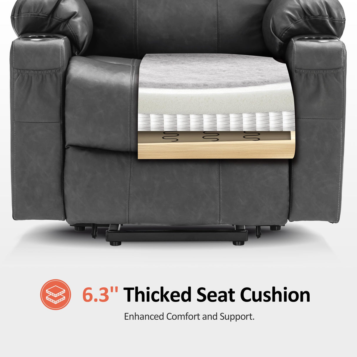 MCombo Electric Power Lift Recliner Chair Sofa with Massage and Heat for Elderly, 3 Positions, 2 Side Pockets, and Cup Holders, USB Ports, Faux Leather 7040 (Grey, Medium) MCombo