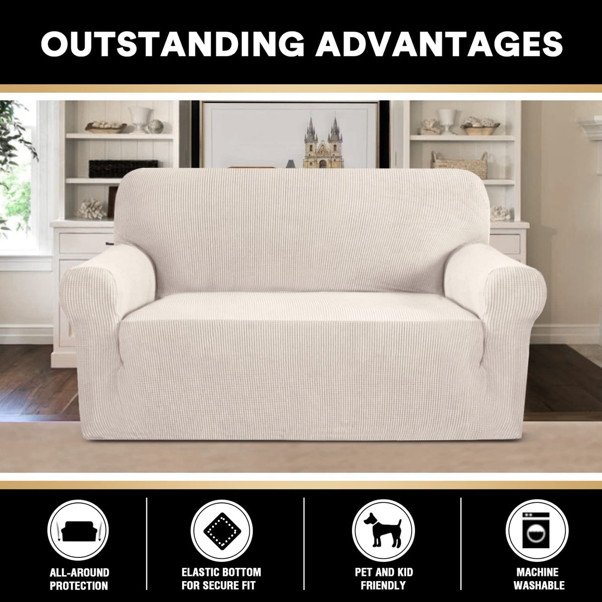 PrinceDeco Stretch Loveseat Sofa Cover Slipcover Couch Cover for 2 Cushion Sofa Washable Sofa Cover for Pets Friendly Furniture Protector Covers with Non Slip Bottom(Loveseat, Ivory) PrinceDeco