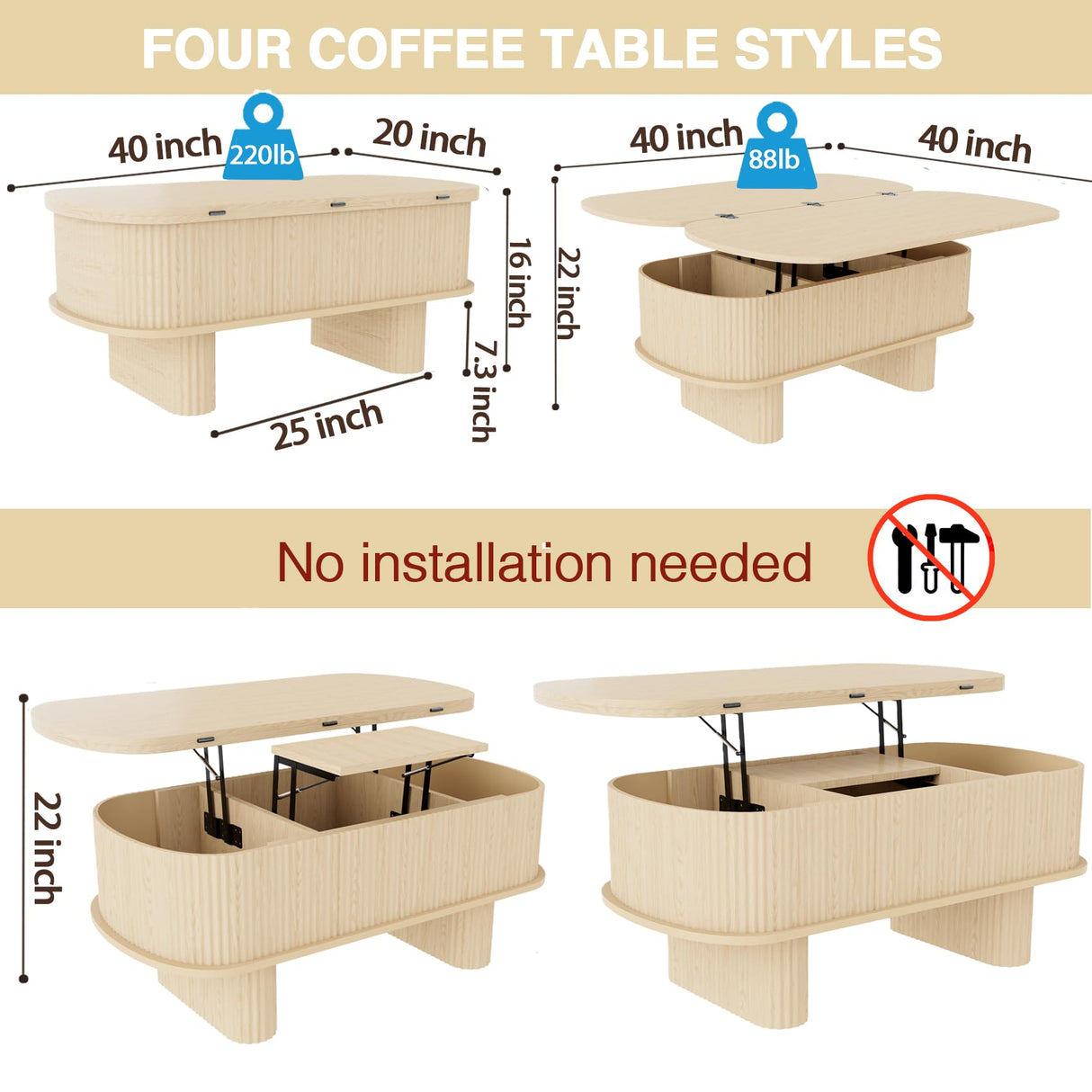 Lift Top Coffee Table with Large Storage,Lifting Converts to Dining Table, Round Pop Up Coffee Table Fluted Oval Wood Center Table For Living Room,Fully Assembled Space-Saving for Eating&Laptops DGpoco