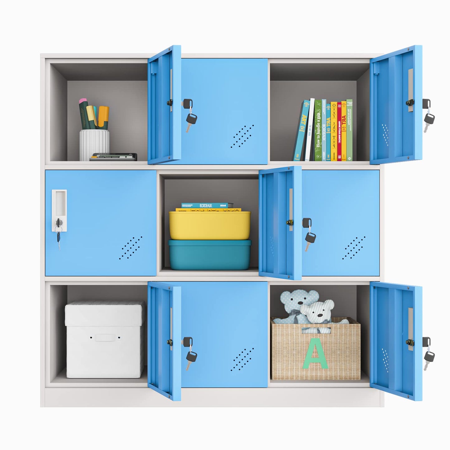 Reccmeny 9 Door Metal Locker, Lockable Metal Storage Cabinet Small Bedroom Furniture,Living Room,Storage lockers for Office Employee (Blue) - WoodArtSupply