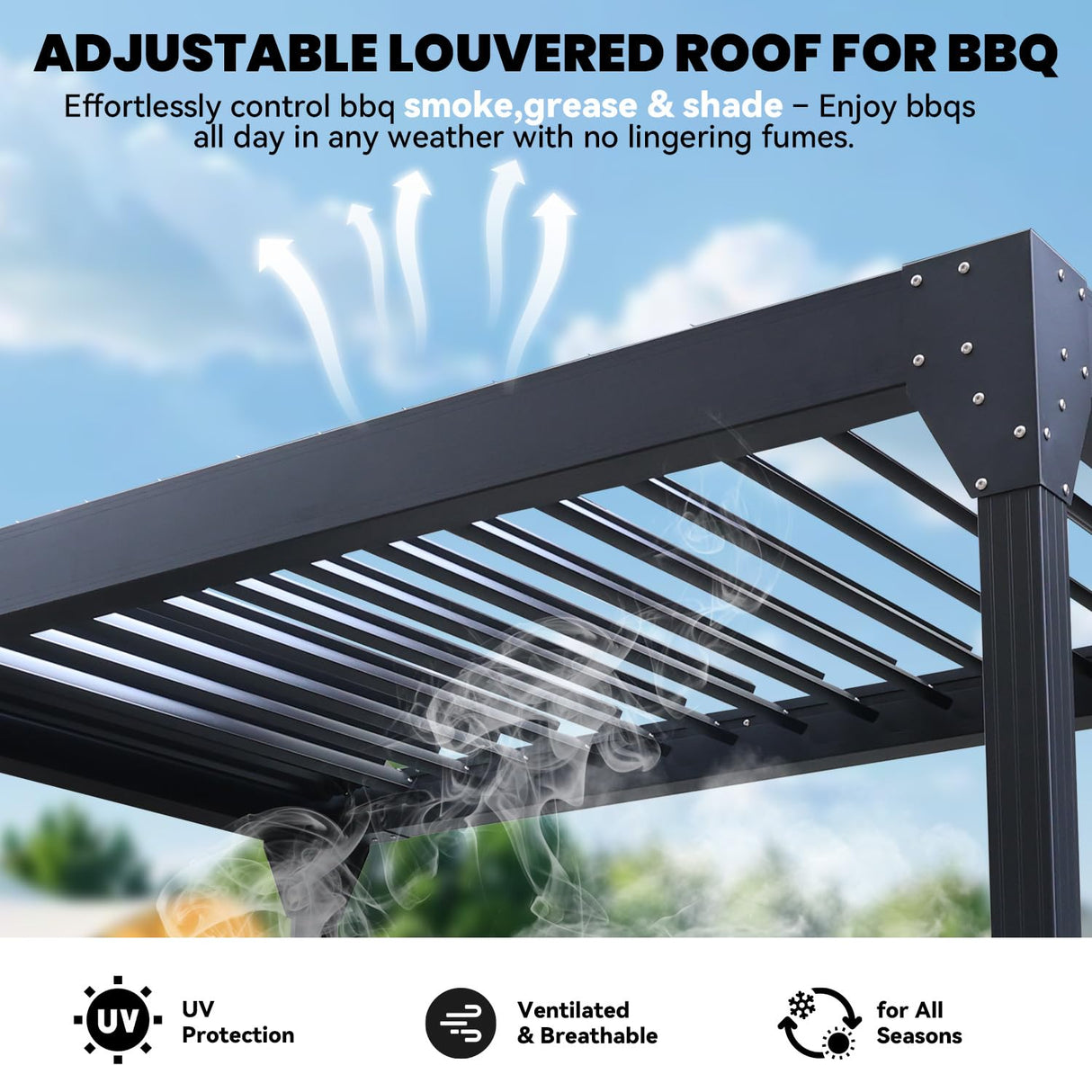 UPHYB 8x5 Louvered Pergola, Aluminum BBQ Pergola, Hardtop Gazebo for Outdoor Grill, Adjustable Rainproof Roof, Pergolas for Patio, Black UPHYB