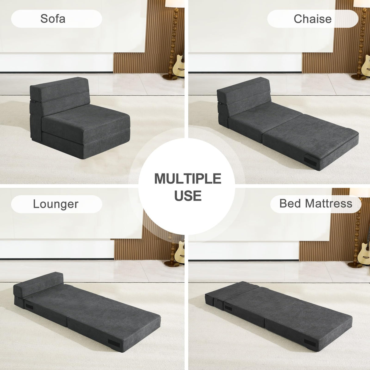 ANONER Fold Out Chair Bed Memory Foam with Pillow Futon Couch Folding Sleeper Chair, Convertible Chair Bed Dark Gray, Single Size ANONER