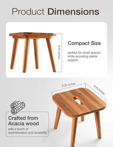 Holana 9.75" Wooden Step Stool for Kids - Acacia Wood Plant Stools, Plant Stand Small Foot Stool with Four Legs - Wood Sitting Stool for Kitchen, Bathroom，Bedroom，Living Room (Square) HOLANA