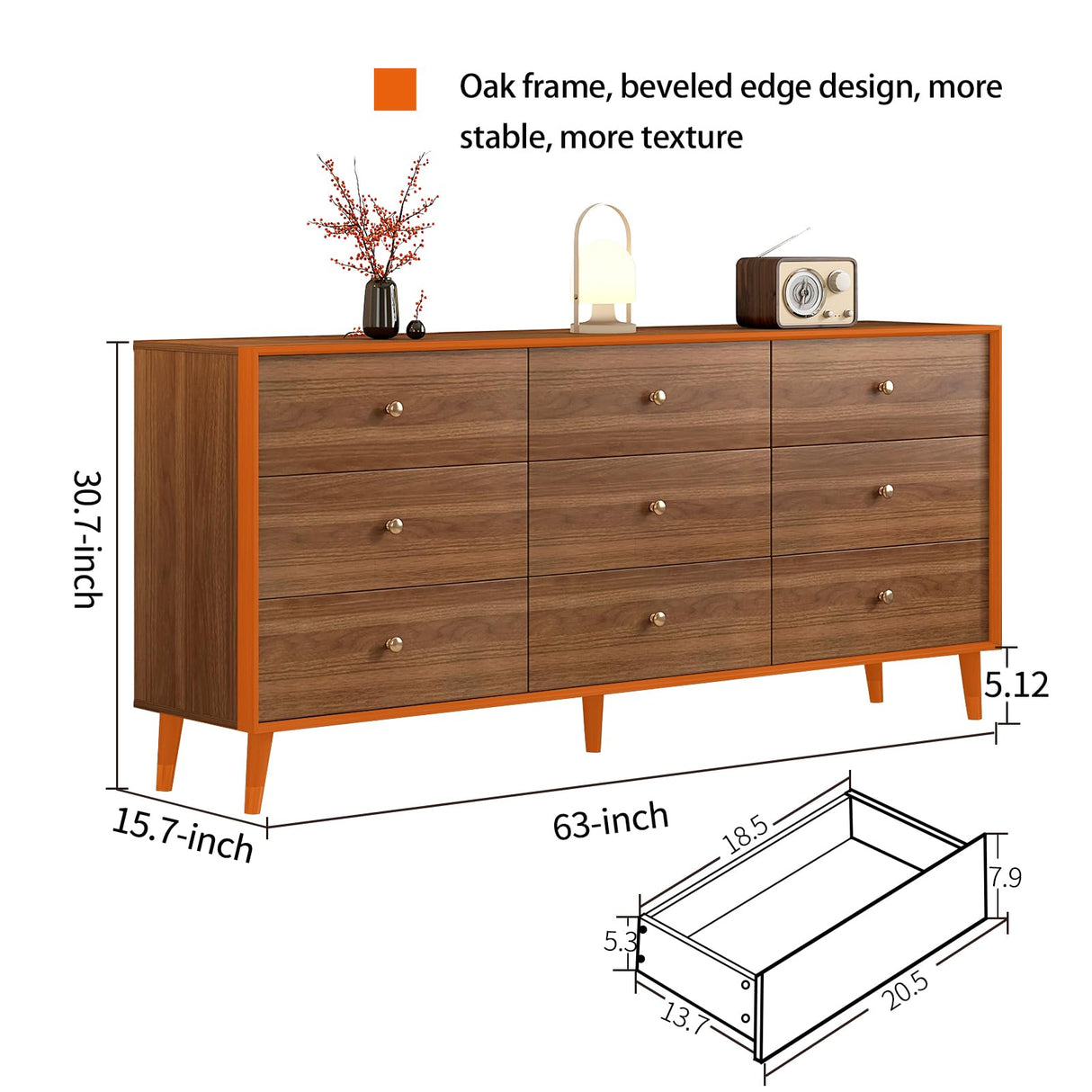 Messenya Mid Century Modern 9-Drawer Dresser, 63 Inch Wide Solid Wood Frame Chest, Walnut Finish, Beveled Design, Heavy-Duty Drawer Glides, Storage Cabinet for Bedroom, Living Room, TV Stand Messenya