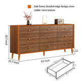 Messenya Mid Century Modern 9-Drawer Dresser, 63 Inch Wide Solid Wood Frame Chest, Walnut Finish, Beveled Design, Heavy-Duty Drawer Glides, Storage Cabinet for Bedroom, Living Room, TV Stand Messenya