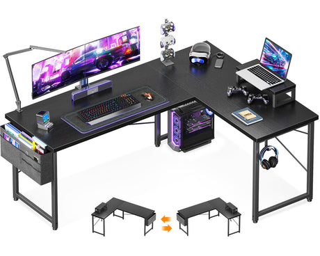 ODK L Shaped Desk, 57.5" Computer Gaming Desks, Home Office Writing Table with Monitor Shelf, Space-Saving Modern Corner Workstation, Easy to Assemble, Black ODK