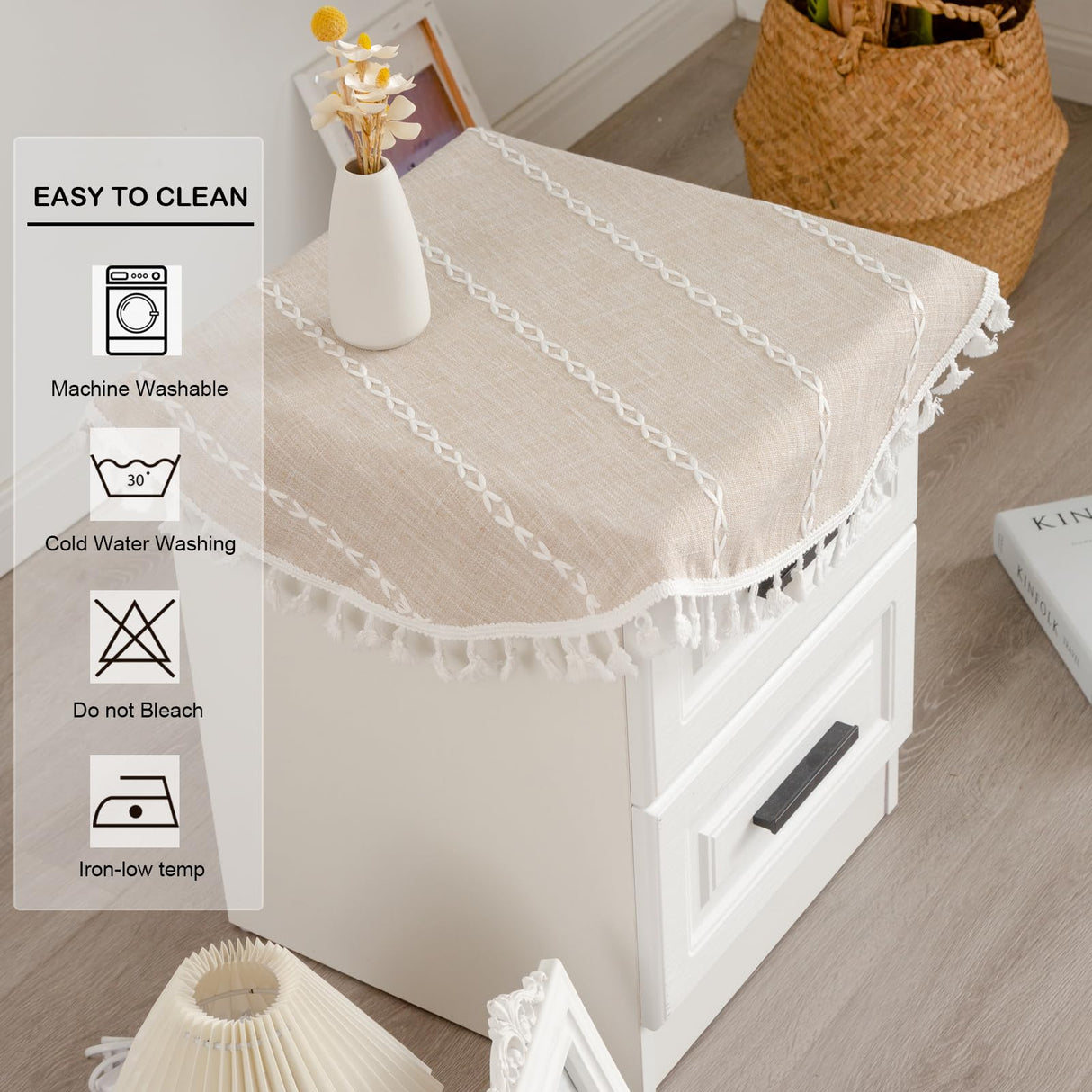 YZKITM Round Rustic Small Tablecloth Washable Striped Jacquard Linen Doily Heavy Weight Farmhouse Style Tassel Table Cover for Kitchen Dining Party Night Tables Decoration 24 Inch Light Coffee YZKITM