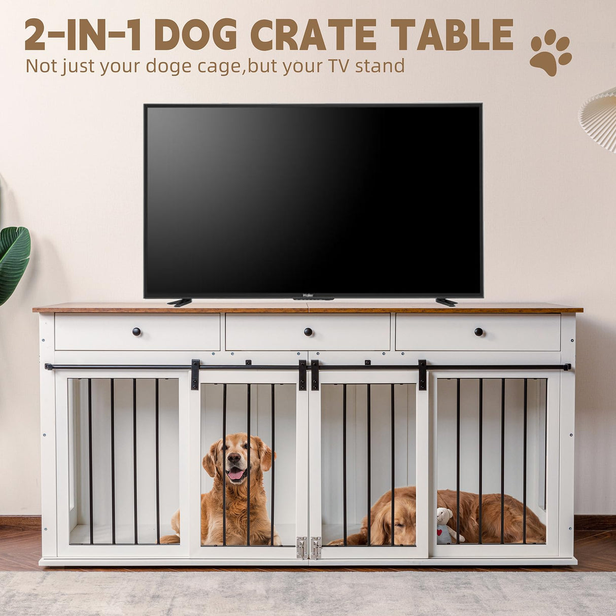Sunseen Dog Crate Furniture Large Breed Wooden Dog Kennel with Room Divider & 3 Drawer,Double Doors Heavy Duty Dog Crate End Table Indoor TV Stand for Small Medium Large Dog,72''W*24''D*35''H,White sunseen