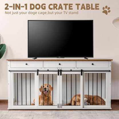 Sunseen Dog Crate Furniture Large Breed Wooden Dog Kennel with Room Divider & 3 Drawer,Double Doors Heavy Duty Dog Crate End Table Indoor TV Stand for Small Medium Large Dog,72''W*24''D*35''H - WoodArtSupply