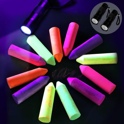 12 Pcs 6 Color Glow in the Black Lights Chalk UV Neon Sidewalk Chalk and 2 Pcs UV Flashlight Outdoor Dustless Black Light Party Supplies for Birthday Gift Painting Drawing on Chalkboard Playground