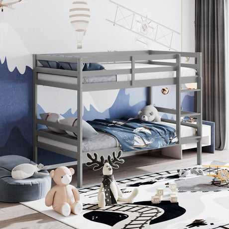KOMFOTT Wood Bunk Bed Twin Over Twin, Bunk Bed with Ladder & Safety Guardrail, Solid Wood Bed Frame, Ideal for Dormitory & Multiple-Child Family, No Box Spring Needed, Kids Bunk Bed KOMFOTT