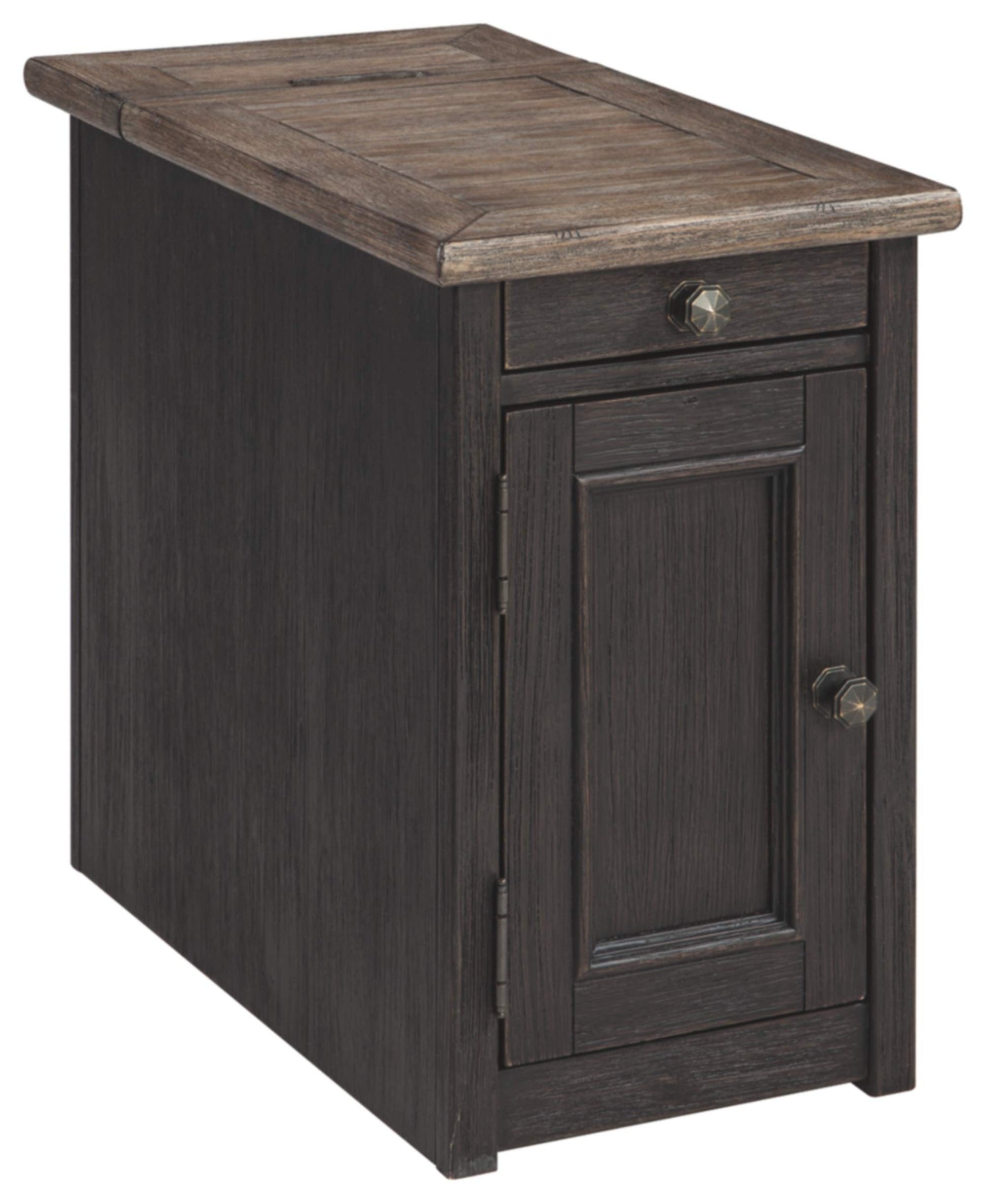 Signature Design by Ashley Tyler Creek Rustic Chair Side End Table with Pull-Out Tray & USB Ports, Brown - WoodArtSupply