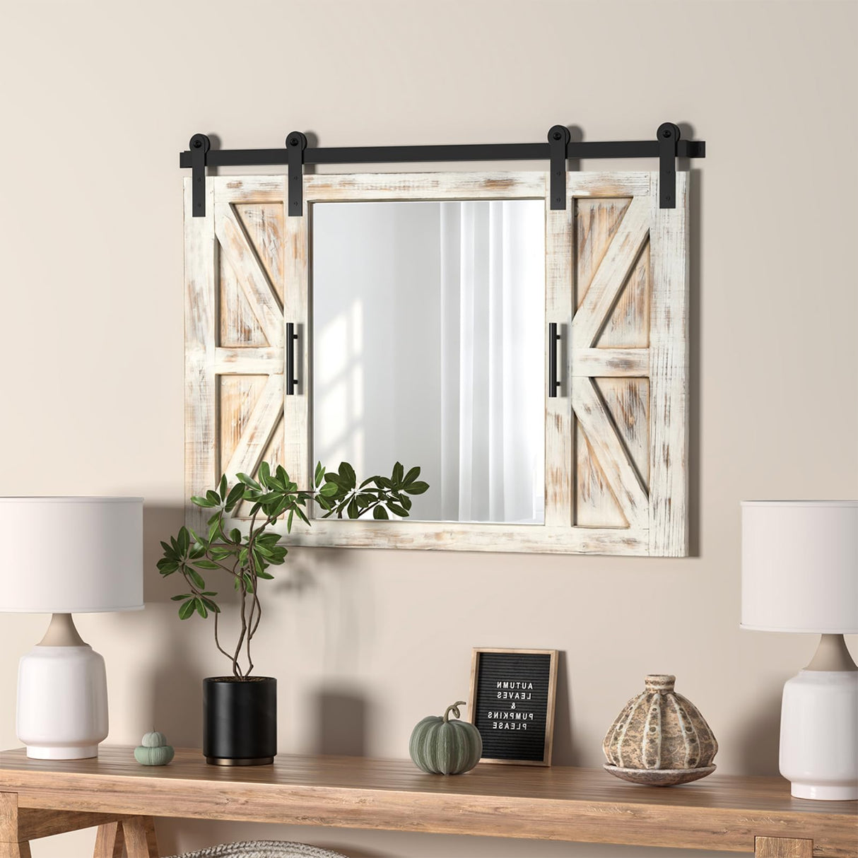 COGOOD Farmhouse Barn Door Mirror - 37" x 26" Rustic Wood Framed Mirror Wall Decor for Dining Room, Bathroom, Living Room, Bedroom Decorative, Rustic White COGOOD