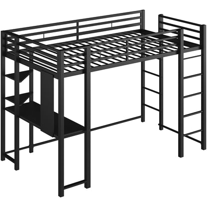 Shintenchi Loft Bed Twin Size with Desk and Storage Shelves, Twin Bed Frame with 2 Side Ladders for Kids, Teens Adults, Spcace-Saving Noise-Free and Anti-tilt Design, Black