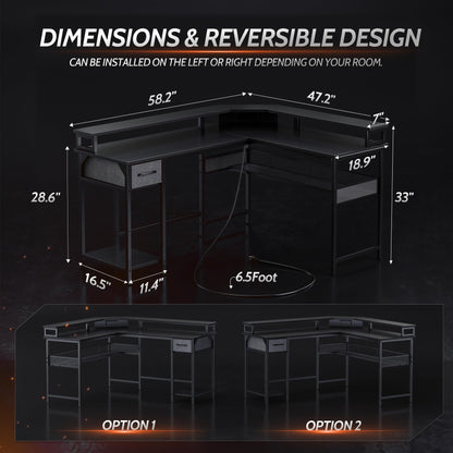 CubiCubi 58" L Shaped Gaming Desk with RGB LED Lights, Power Outlets & Storage Solutions - Black - WoodArtSupply