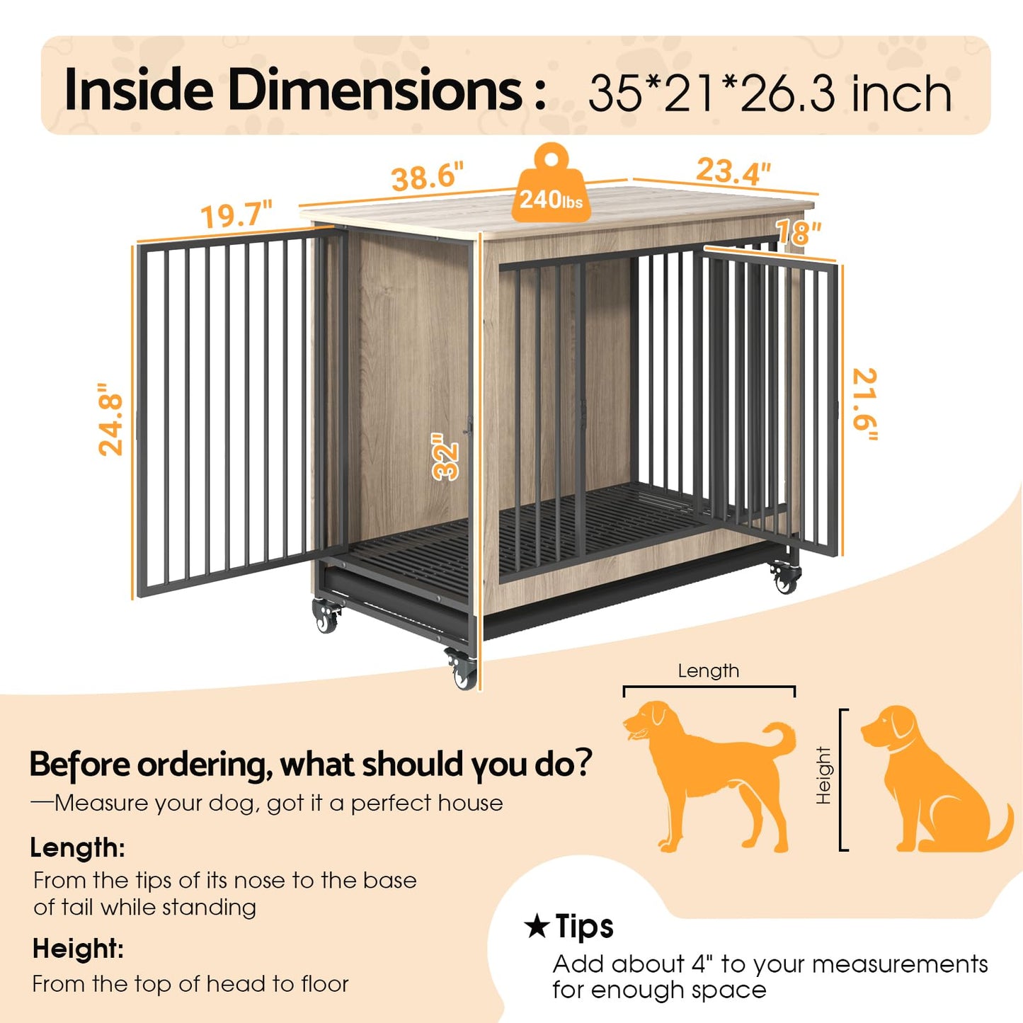 Advwin Dog Crate Funiture Style,Wooden Kennel Indoor with Removable Tray, 2 Doors, Heavy Duty Sturdy Corner End Table, Cage for Small Medium Large Dogs, 38.6" L x 23.4" W x 32" H, Beige