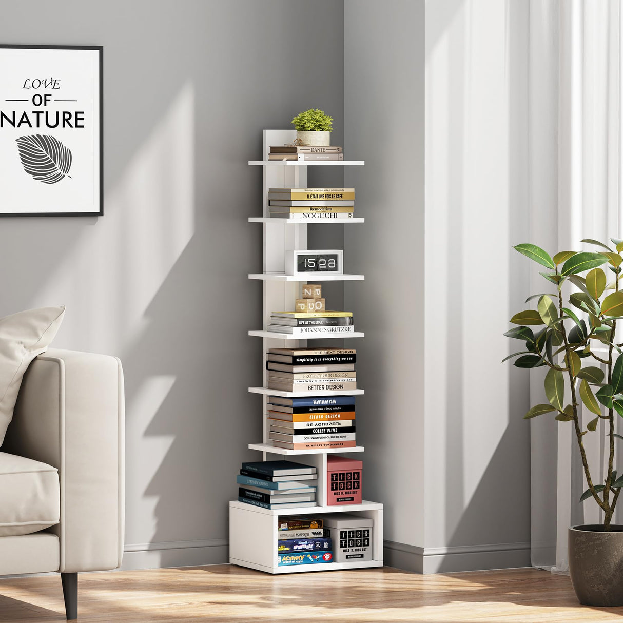 TUTOTAK Narrow Bookshelf, Vertical 8-Tier Bookcase, Spine Book Shelf for Small Space, Small Standing Shelf for Living Room, Office, Study, Entryway, White BS07BW008 TUTOTAK