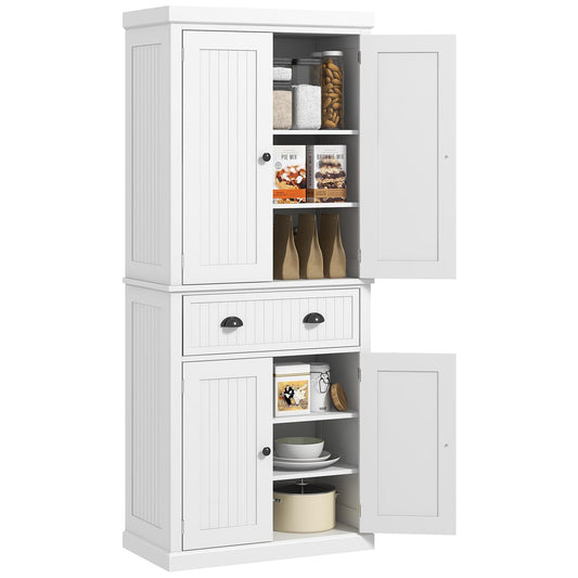 HOMCOM 72" Kitchen Pantry Storage Cabinet, Traditional Freestanding Cupboard with 4 Doors and 3 Adjustable Shelves, Large Central Drawer, White - WoodArtSupply