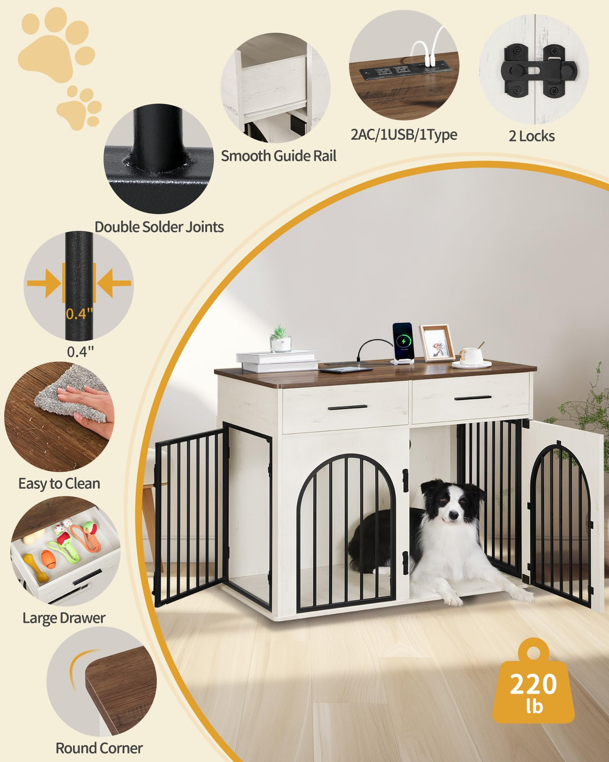 Hzuaneri 39.4'' Large Dog Crate Furniture with 2 Storage Drawers, Heavy Duty Dog Kennel Indoor with Charging Station, Wooden Dog Cage End Table Kennel for Medium/Large Dogs, White Brown DFC84214B Hzuaneri