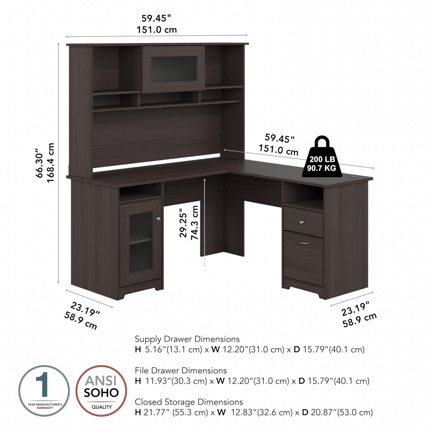 Bush Furniture Cabot L Shaped Desk with Hutch | Corner Desk with Storage for Home Office in Heather Gray | 60W L Shaped Computer Desk - WoodArtSupply