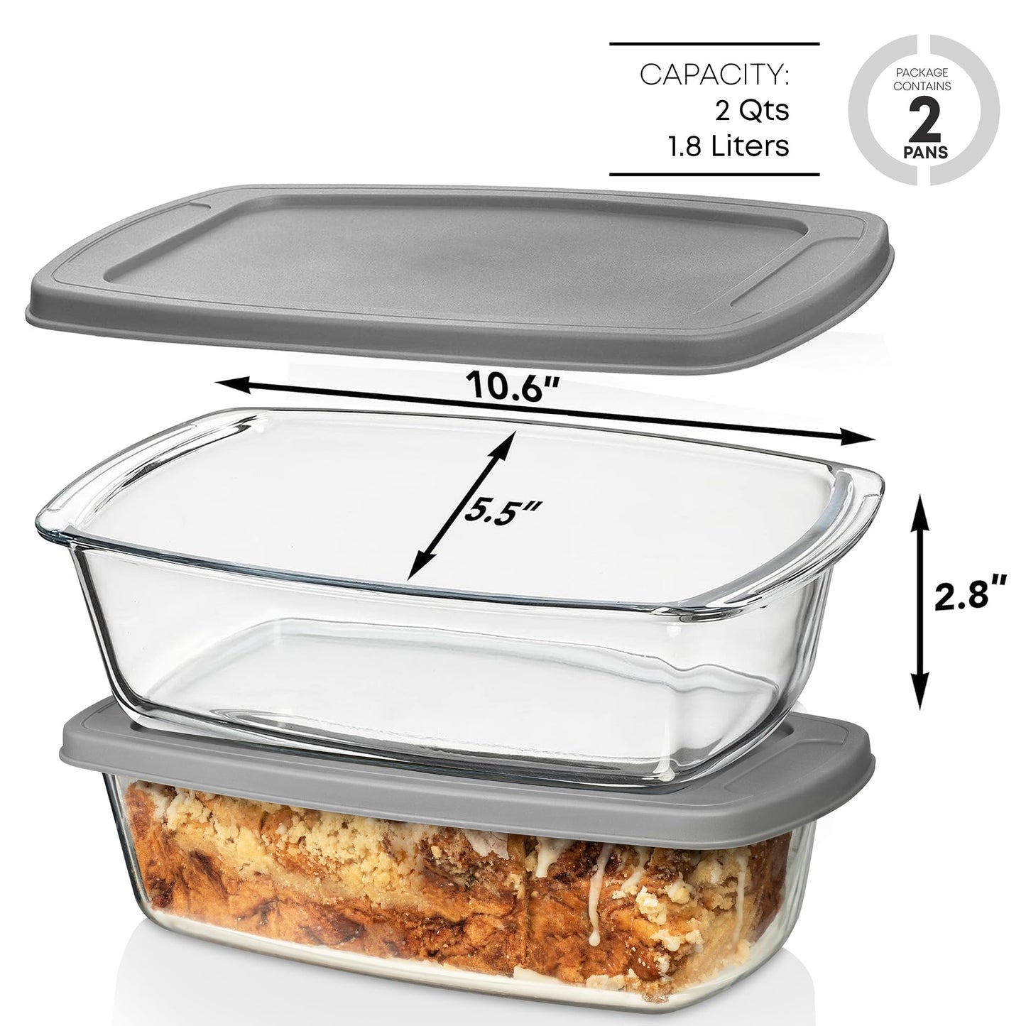 Razab LARGE 7.6 Cups/1800 ML/1.9 Qt Glass Loaf Pan with Lids (Set of 2) - Meatloaf Pan BPA free Airtight Lids Grip Handle Easy Carry, Microwave and Oven Safe - Loaf Pans For Baking Bread, Cakes