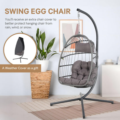 Yangming Hanging Egg Swing Chair with Stand and Weather Cover, Foldable for Indoor Outdoor, Wicker Rattan Basket with Cushion for Bedroom, Patio, Porch - WoodArtSupply