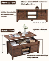 OKD 48" Farmhouse Lift Top Coffee Table with Sliding Barn Door,Rustic Center Table with Hidden Storage Compartment,Lifting Tabletop and Adjustable Shelf for Living Room,Office,Reclaimed Barnwood OKD